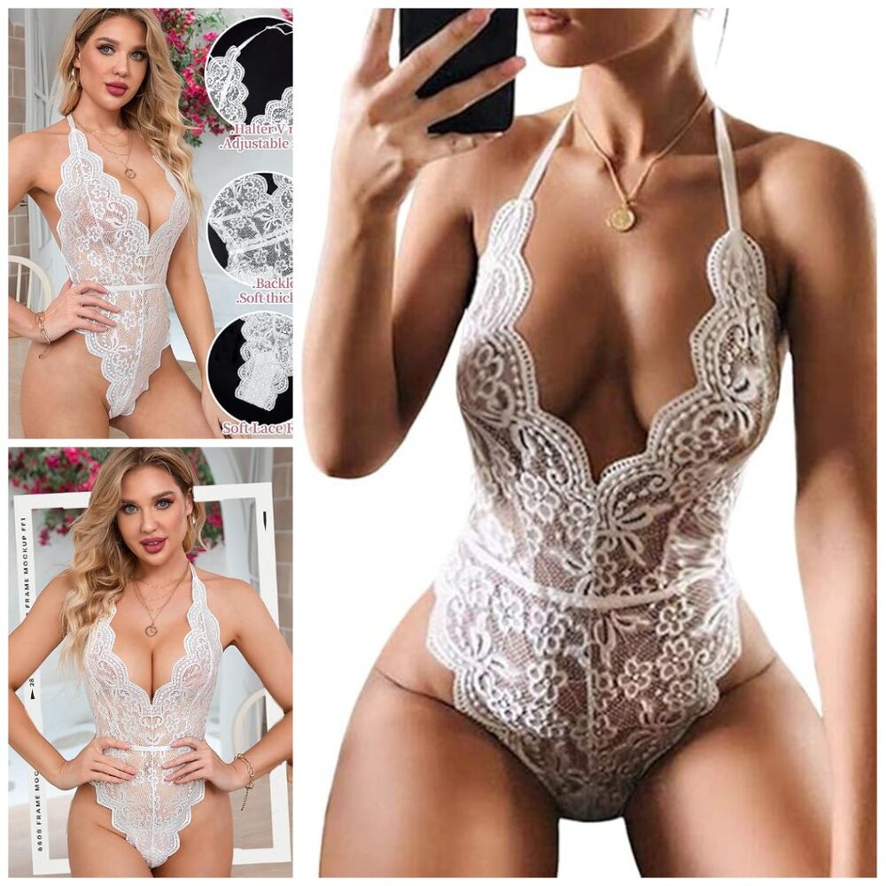 Sexy Lingerie for Women Deep V-Neck Lace Bodysuit Bridal  Backless One piece